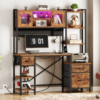 Paylan Computer Desk with Hutch, Gaming Desk with Storage Shelves and File Cabinet