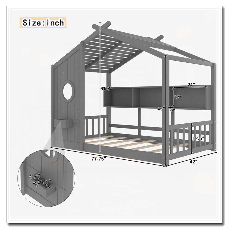 Lit de rangement avec tablette de rangement, Gris, Lit simple