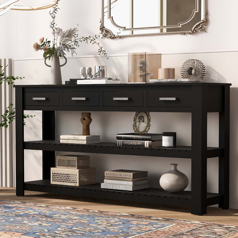 Élégante console d'entrée avec 4 tiroirs et 2 tablettes, Noir