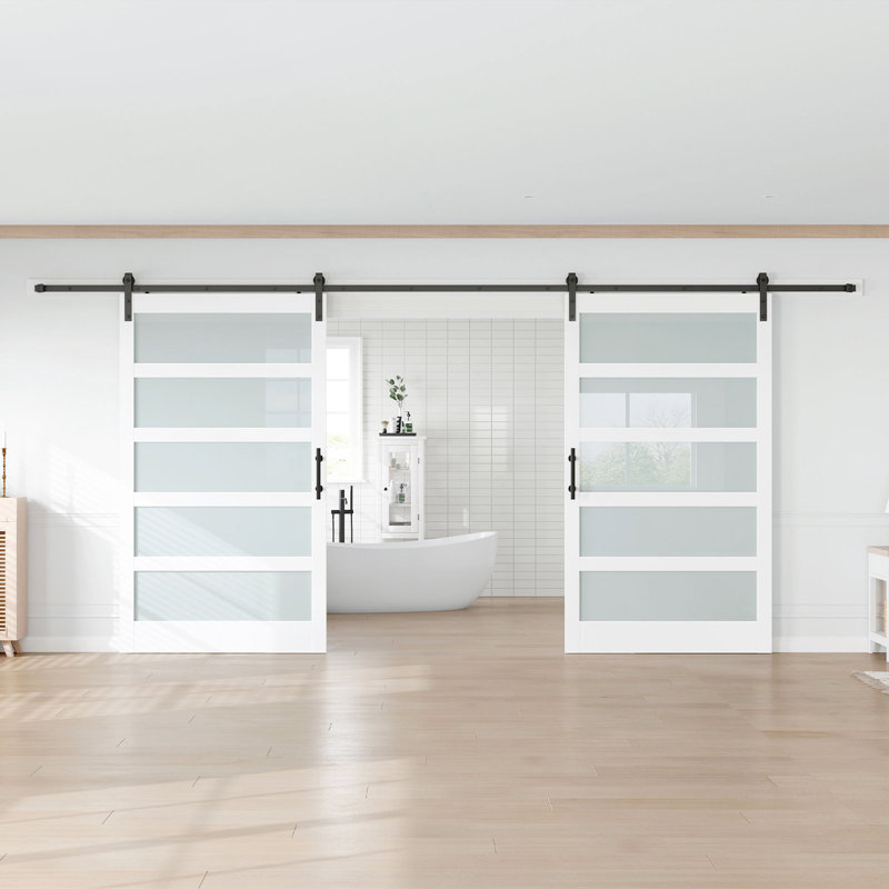 Porte de grange double en verre manufacturé avec ensemble de quincaillerie d'installation, 96 po x 96 po, 2