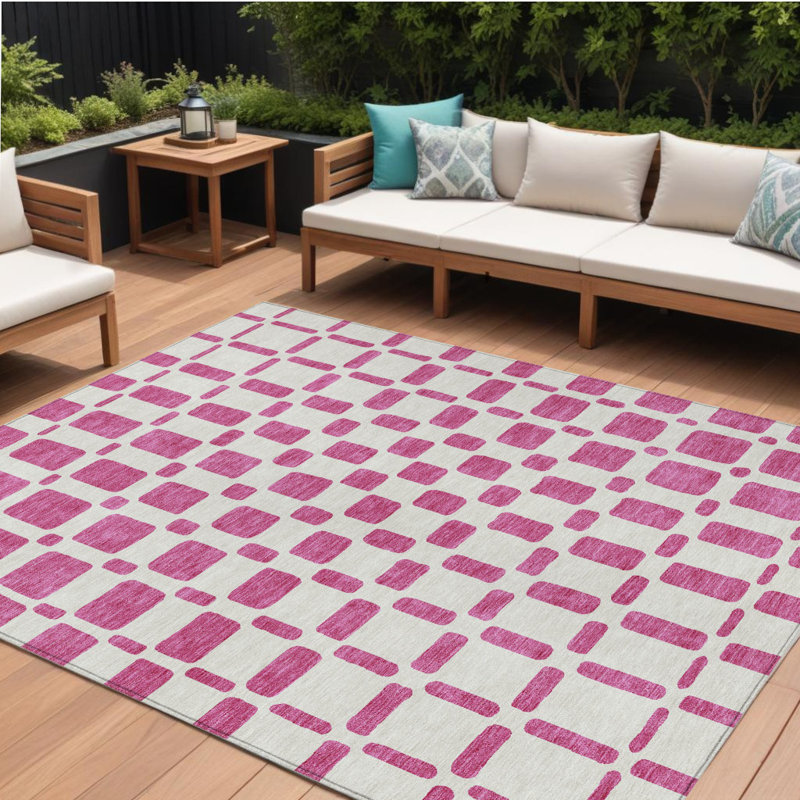 Tapis d'intérieur / extérieur géométrique lavable 9 pi x 12 pi rosé et ivoire