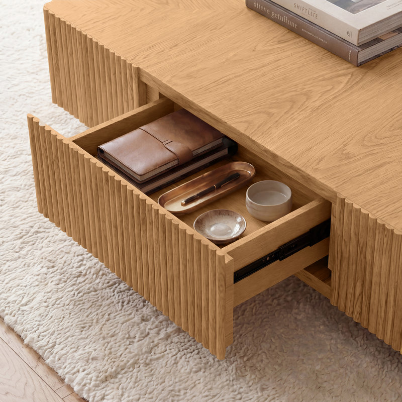 Table basse carrée en bois massif de 100 cm (39,4 pouces) avec 2 tiroirs, finition cannelée artisanale., Natural