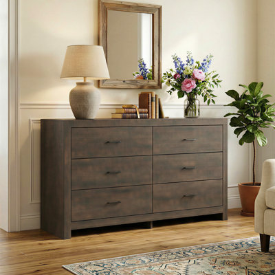 Commode double à 6 tiroirs, 160 cm de largeur, aspect bois rustique, avec système antibasculement