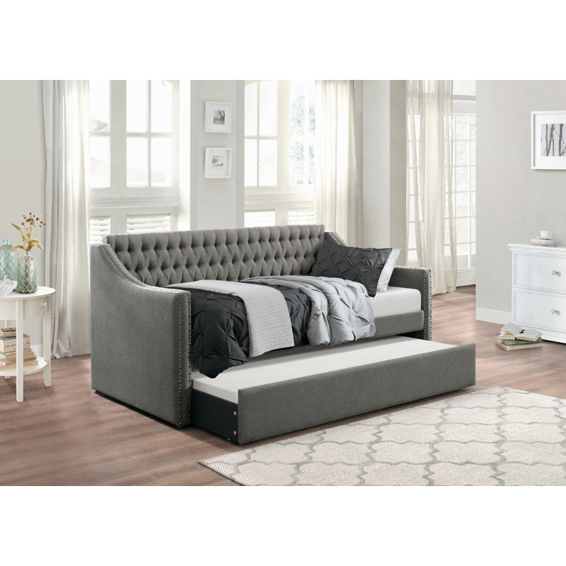 Canapé-lit capitonné en tissu gris foncé Modern Design