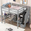 Lit mezzanine double avec bureau en L, tiroirs, armoire et escalier de rangement, gris