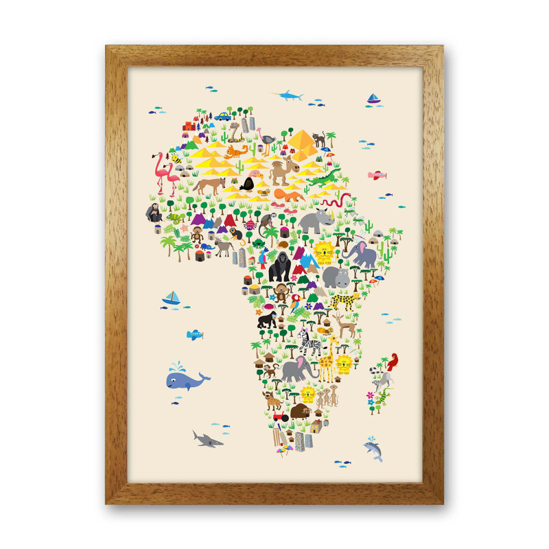 Animal Map Of Africa by Michael Tompsett - Print, 63cm H x 46cm W x 3cm D, Brown Framed