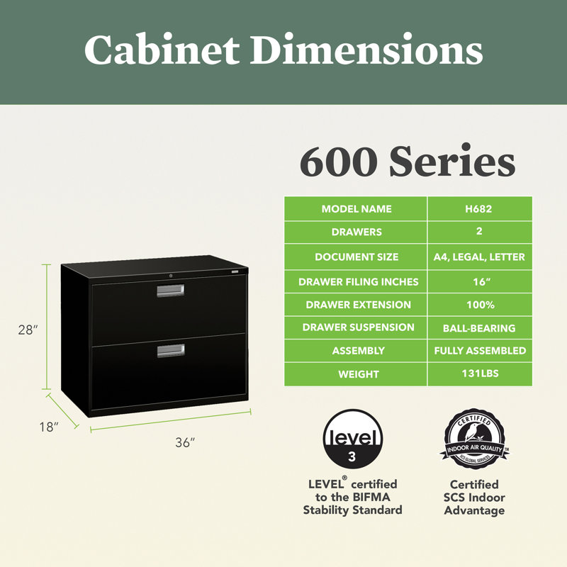 HON Brigade 600 Series Lateral File, 2 Drawers, Aluminum Pull, 36"W, Black, Black