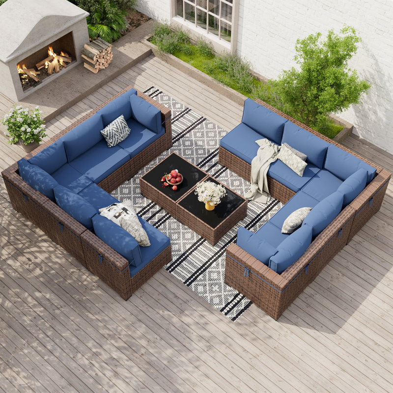 Treyshun Wicker 10 - Person Modular Patio Conversation Sets with Cushions, Blue