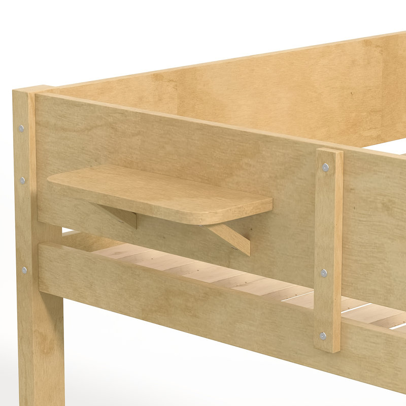 Lit superposé avec plateau pratique et tablettes de rangement, fabrication en bois massif, Naturel
