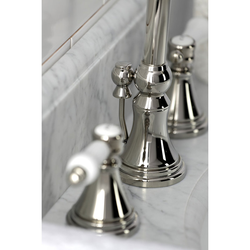 Kingston Brass Bel-Air Two-Handle 3-Hole Deck Mount Widespread Bathroom Faucet with Brass Pop-Up Drain, Polished Nickel