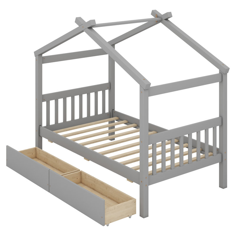 Wooden House Bed with Drawers, Gray