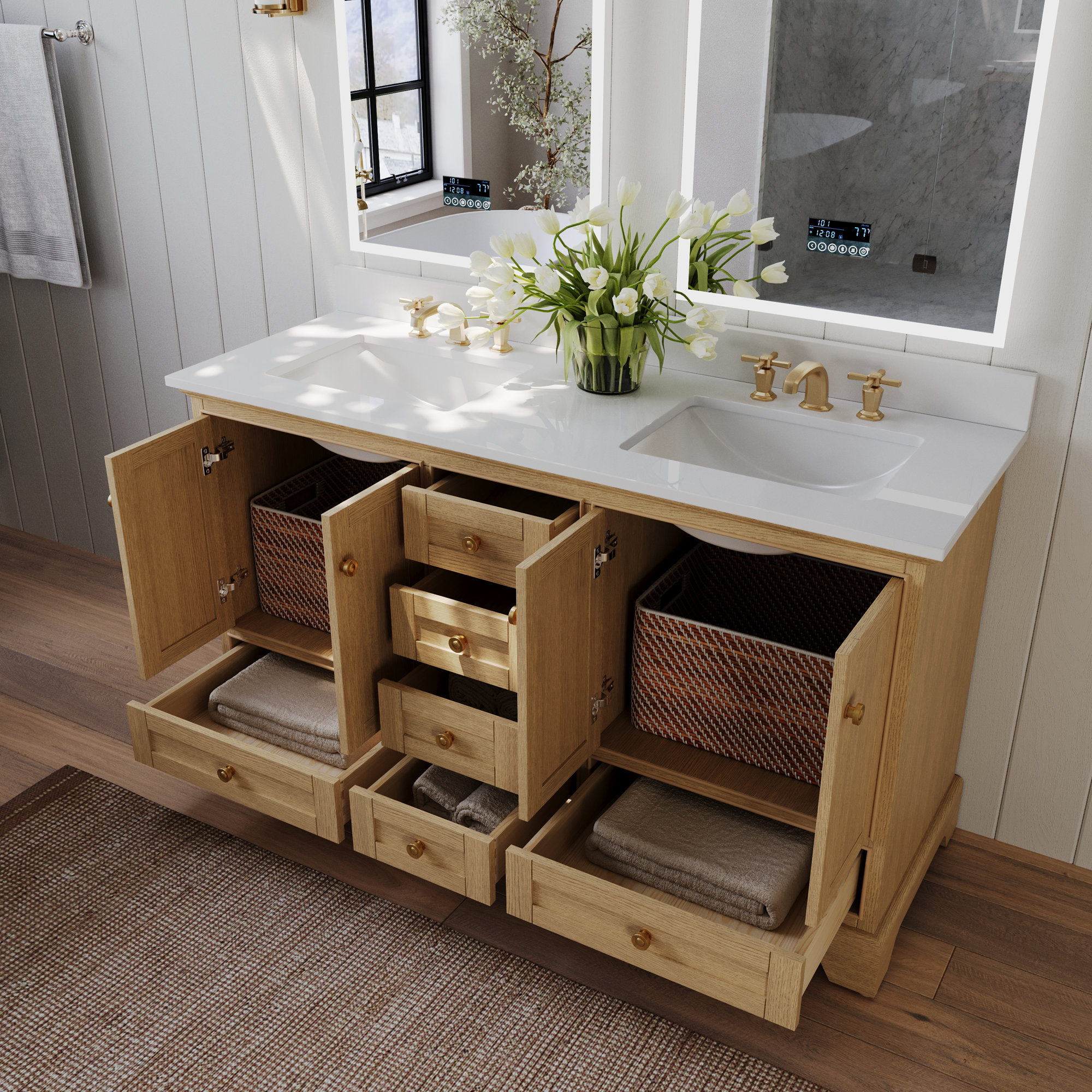 Varna 60'' Double Bathroom Vanity, Pure White Quartz, Oak/Rose Gold