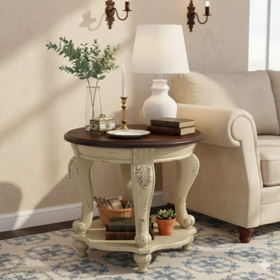 22-Inch Two-Tone Circular End Table, A Solid Wood Sofa Side Table Incorporating A Shelf. An Easily Assembled Corner Table For Living Rooms, In Beige And Espresso Top Finish.