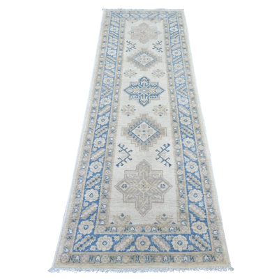 Tapis de couloir oriental blanc perle 2 pi 6 po x 7 pi 6 po avec médaillons géométriques d'aspect rétro, noué à la main, 100% laine, colorants naturels