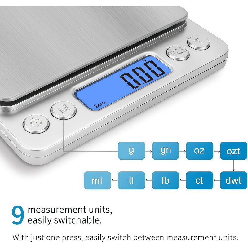 Digital Kitchen Scale, 3kg/0.1g High Precision Food Scale with Stainless Steel Platform, AAA Battery Powered