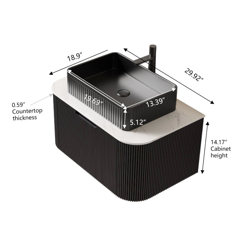 Meuble-lavabo moderne de 30 po avec lavabo, tiroir, lavabo en céramique noire, sans robinet, pré-assemblé, trois finitions à rayures 3D, contreplaqué, système de rangement à fermeture en douceur,