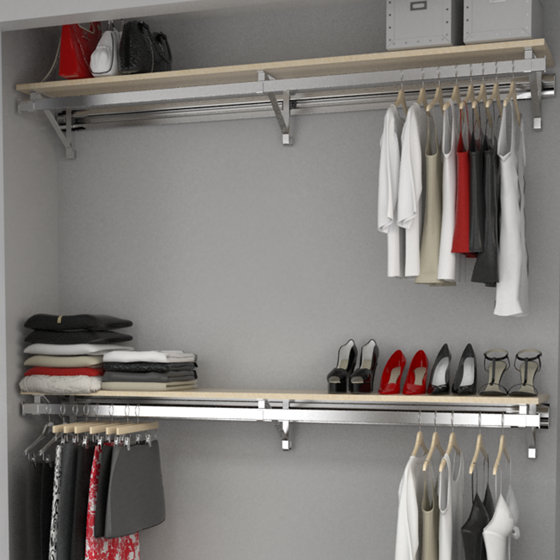 Système d'organisation avec barres à vêtements et deux tablettes, H 8,5 po x l 64 po x P 11,75 po, Érable