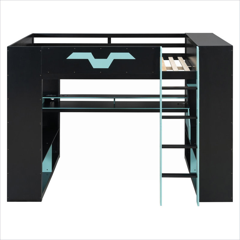 Structure de lit double pleine grandeur en bois massif de style jeu avec ports d'alimentation intégrés et éclairage RVB, bleu classique