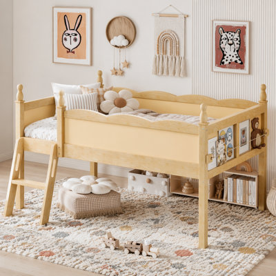 Twin Low Loft Bed with Guardrails, Ladder & Bookshelf
