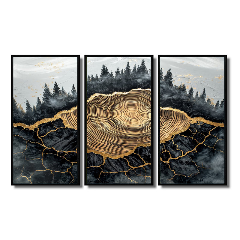 Forêt foncée liquide Gem I - art mural forêt pour le salon - ensemble de 3, H 28 po x l 36 po, Noir