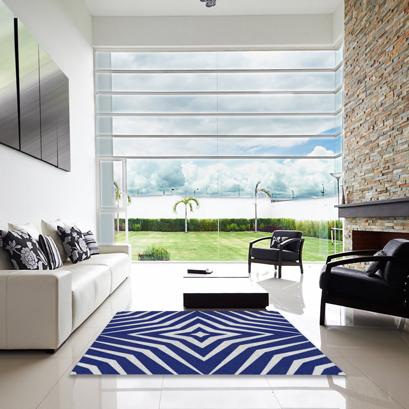 Tapis bleu/blanc à motifs Ulrike, Carré 3 pi