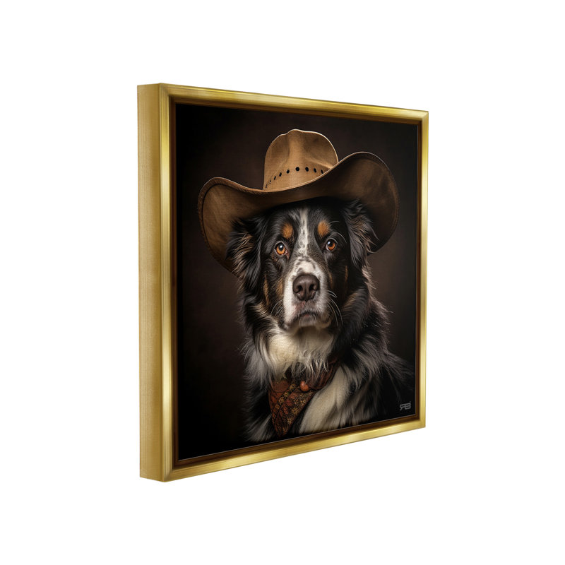 "Cowboy Sheriff Dog" par RB sur toile, Cadre flottant métallique doré, H 18 po x l 18 po