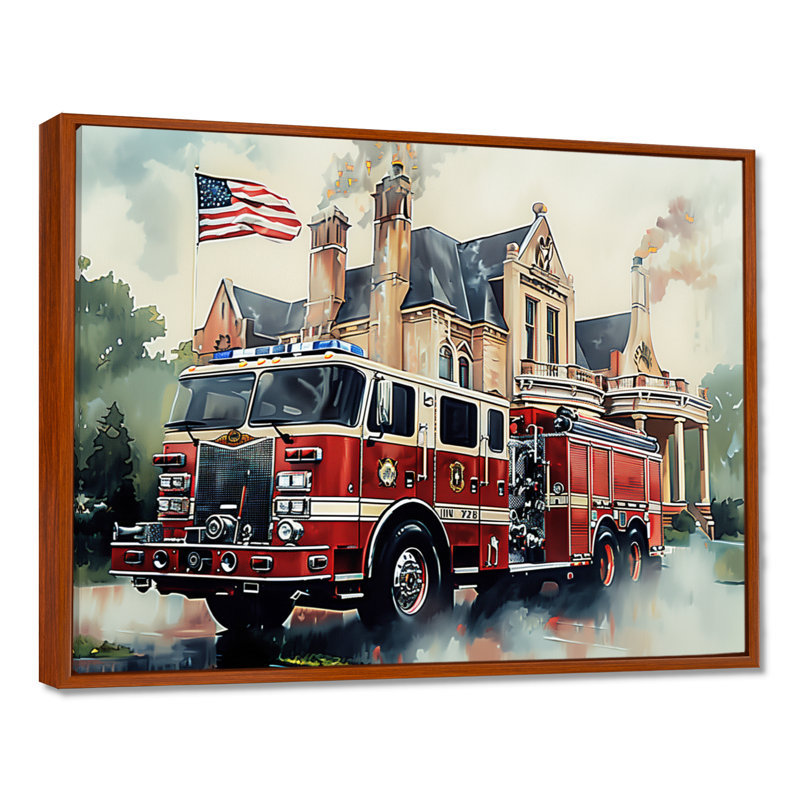 «Fire Truck In The Hamptons I», impression d'art mural pompier, Toile avec cadre flottant brun, H 34 po x l 44 po x P 1,5 po