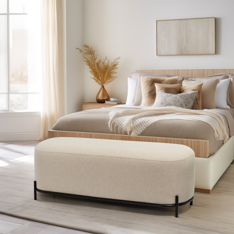  Banc rembourré en tissu crème avec pieds en métal 48 po Glenorie, H 18 po x l 48 po x P 17 po, Crème, crème