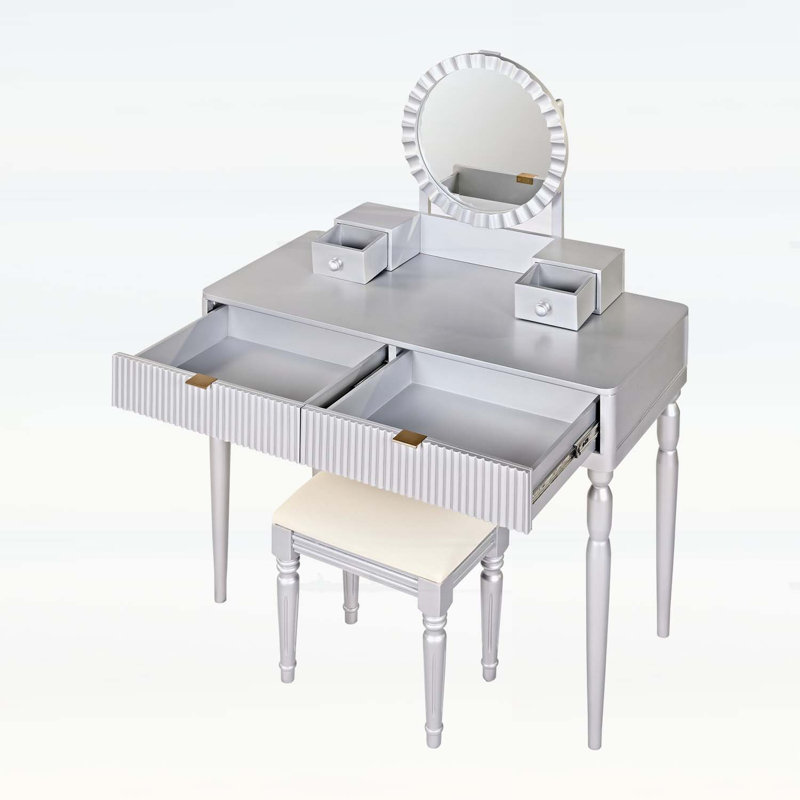 Bureau de coiffeuse de luxe avec miroir rond, hauteur réglable, ensemble de coiffeuse, 4 tiroirs et tabouret, argent