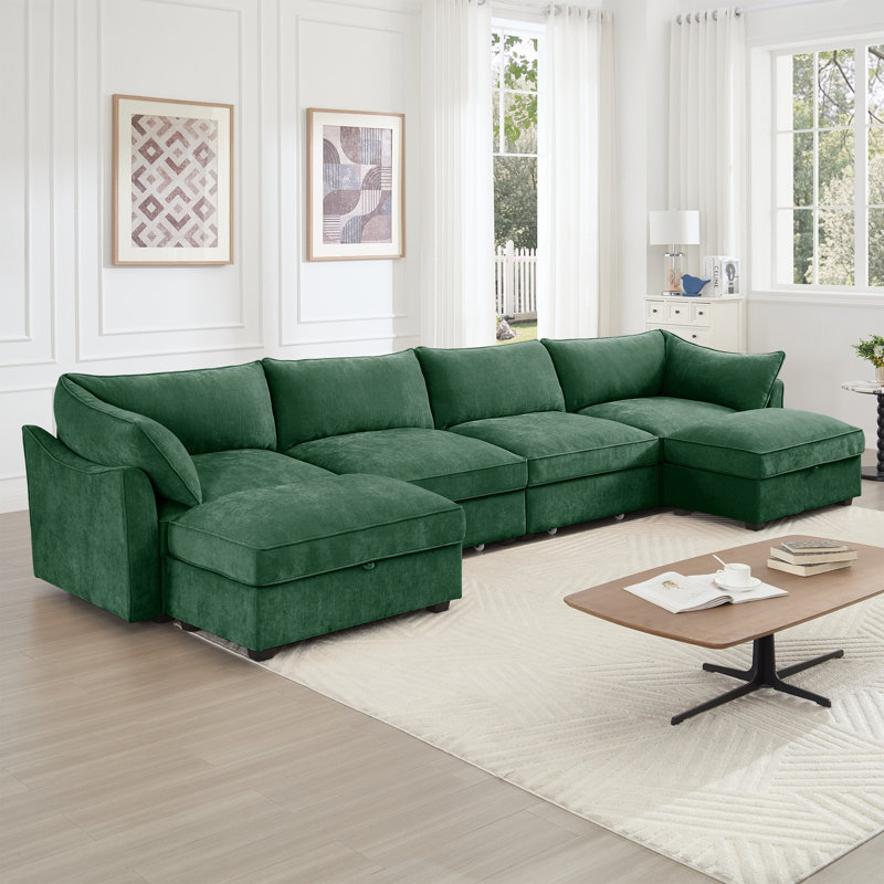 Canapé modulaire en chenille, H 31,4 po x l 146,4 po x P 56,6 po, Chenille verte
