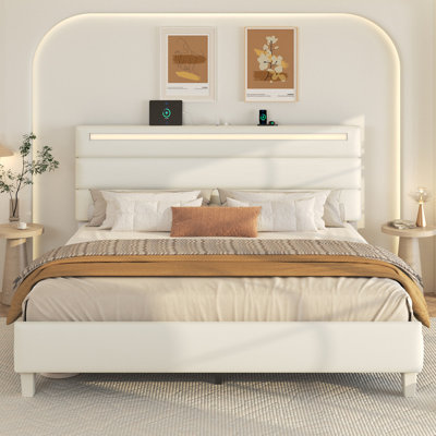 Full Modern Platform Bed with High-Quality Leather, Headboard Storage Shelf, Charging Station, RGB LED Lights, Easy to Assemble, Beige