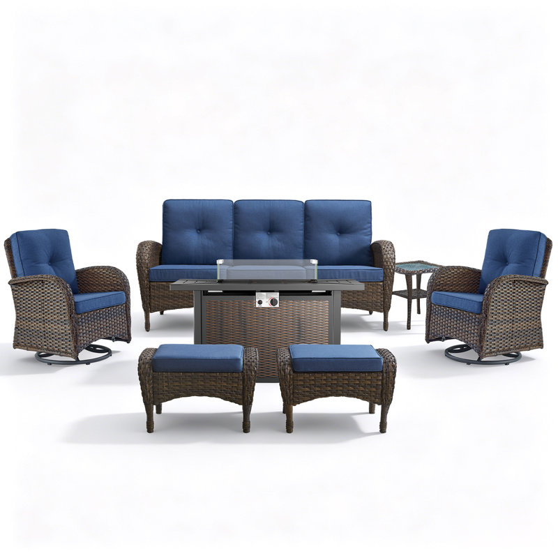 Braxleigh 7-Pieces PE Wicker Outdoor Patio Conversation Set With Firepit With Cushions, Blue