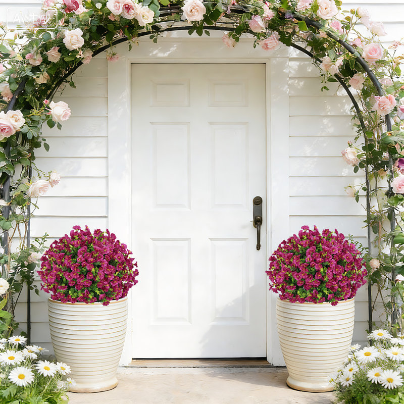 24 po Vin rose artificiel glacé du matin avec eucalyptus, plante florale artificielle résistante aux rayons UV pour l'intérieur et l'extérieur