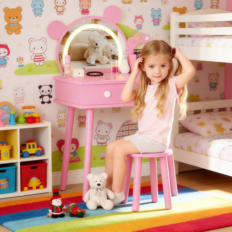 Wooden Kids Vanity Table with Lights, Storage Drawers and Stool, Pink