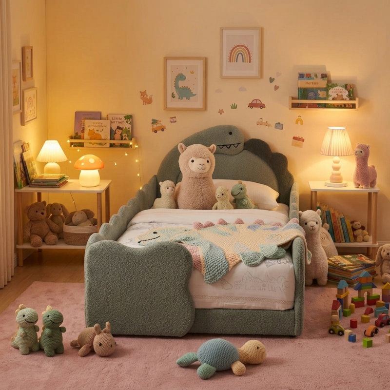 Cadre de lit simple pour enfant avec garde-corps de sécurité, cadre de lit pour tout-petit en forme de dinosaure pour enfants pour chambre à coucher, tissu bouclé, gris