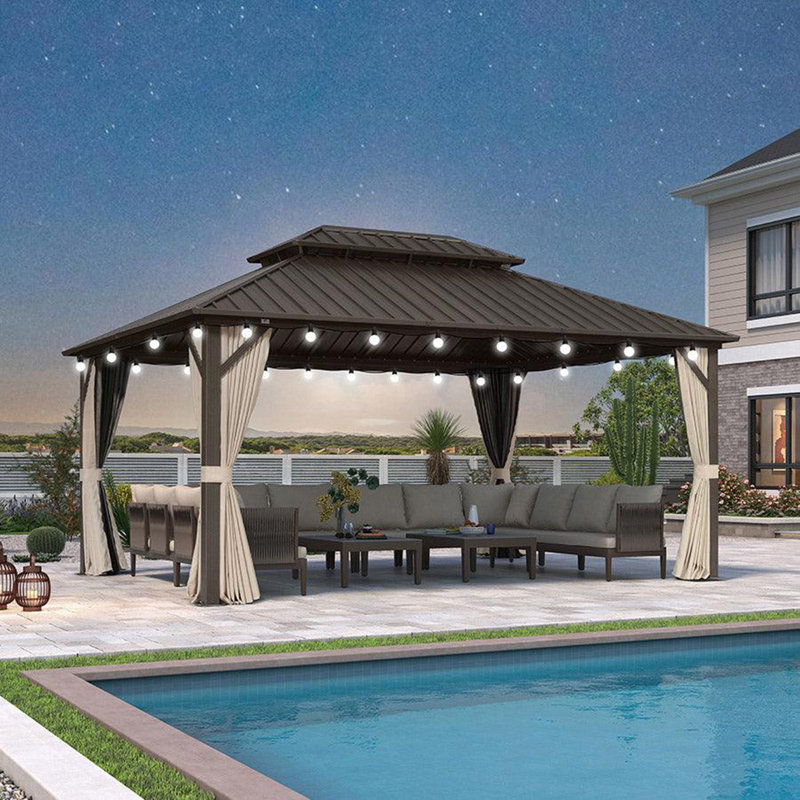 Pavillon de jardin en aluminium avec toit en bronze et lumière, H 79,57 po x l 179,13 po x P 131,88 po