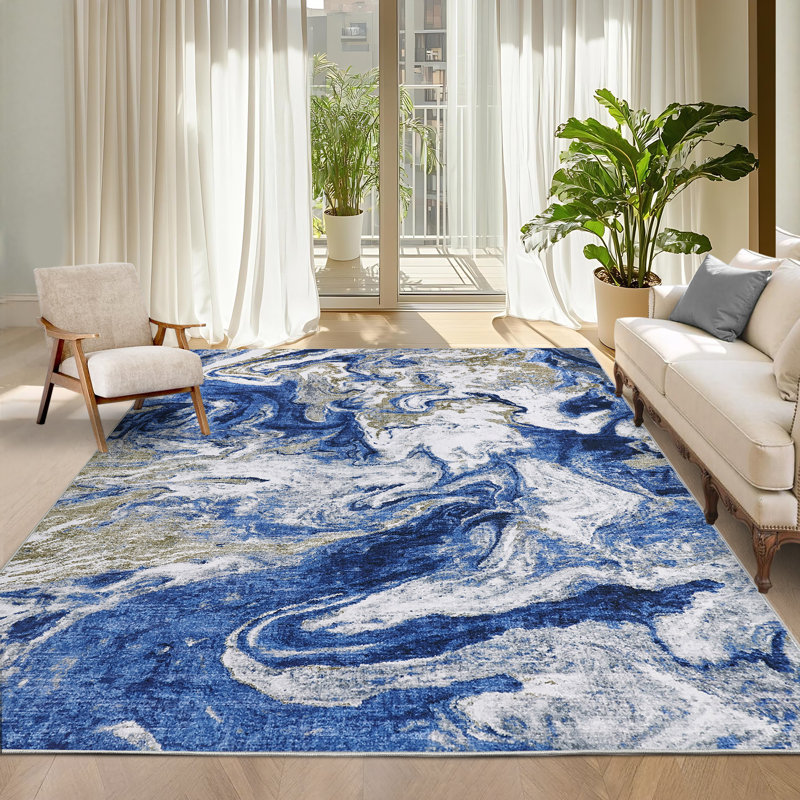 Tapis abstrait antidérapant et lavable à la machine Abstract, Bleu, Rectangle 108 po x 144 po