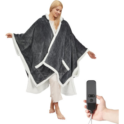 50" X 60" Wearable Heated Throw Poncho Shawl with Hood & Pockets, 200GSM Flannel & Sherpa, 10 Heat Levels, 1–9H Timer, ETL FCC Certified, Machine Washable