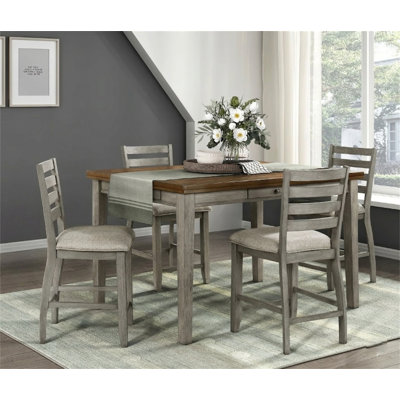 5Pc Traditional Counter Height Dining Set Drawers Storage Table And Chairs Set Two-Tone Finish Gray Cherry Kitchen Furniture