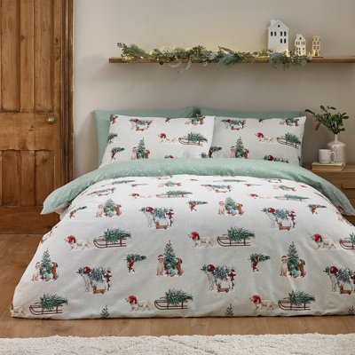 Brushed Christmas Dogs Cotton Reversible Duvet Cover Set