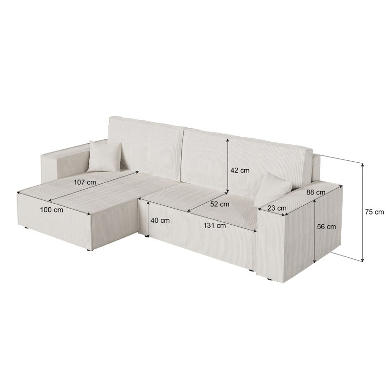 Raaya 4 Seater Corduroy Sofa Bed, Light Grey