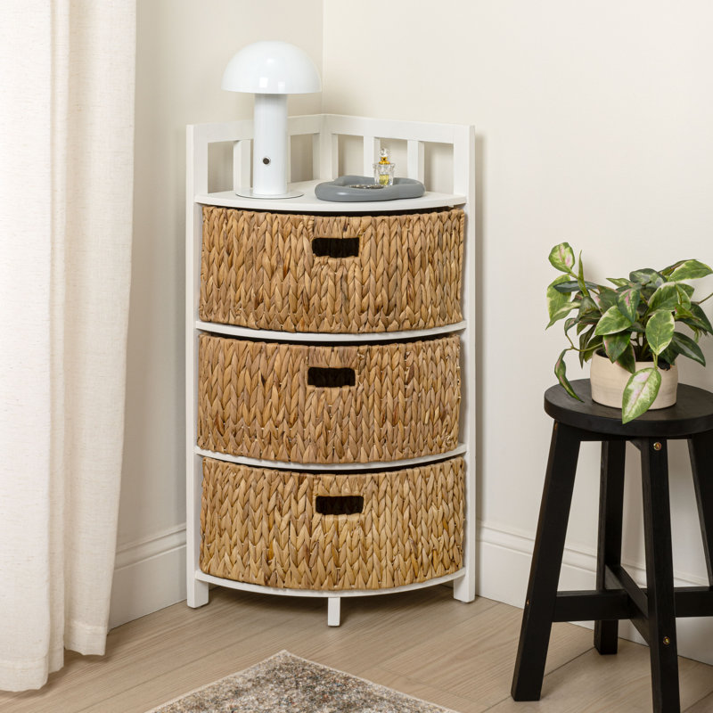 Armoire de rangement de coin en bois d'acacia à 3 niveaux de 34 po avec 3 jacinthes d'eau Quart, blanc, White