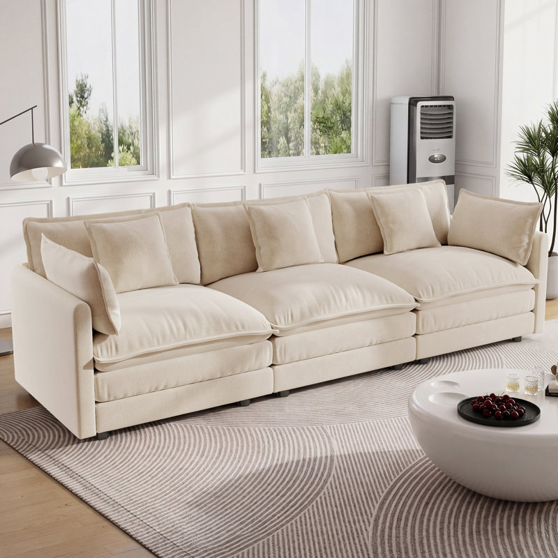 Canapé moderne en chenille 3 places avec 2 accoudoirs et 3 coussins décoratifs, Beige