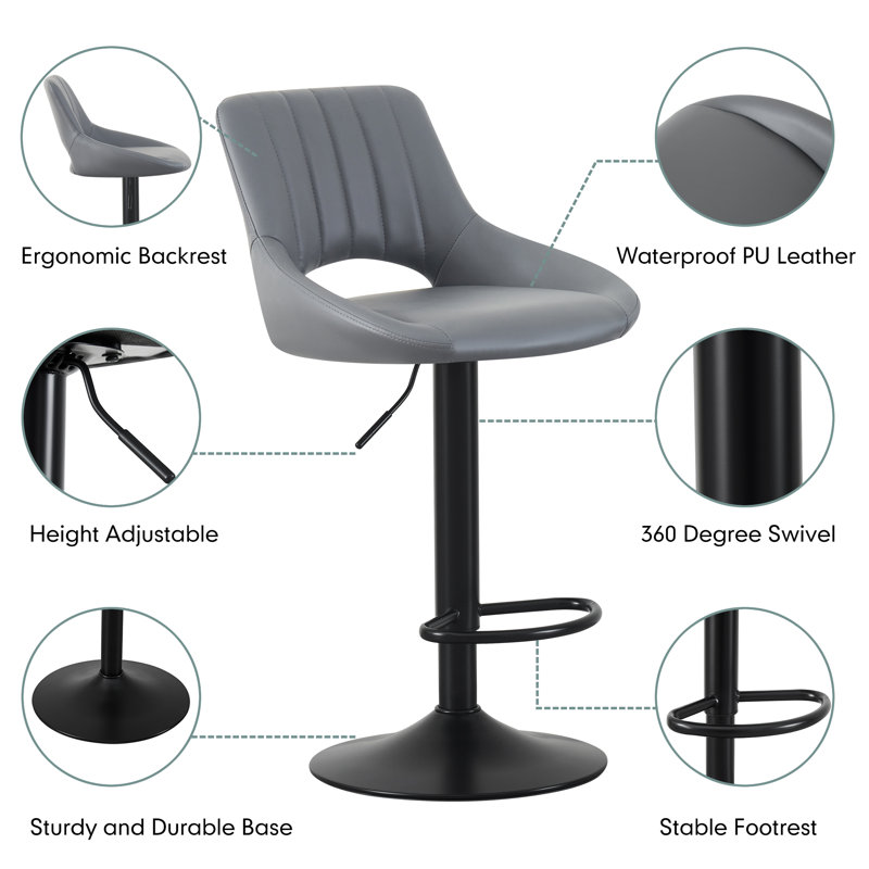 Swivel Upholstered Adjustable Height Counter Stool with Metal Frame, Grey