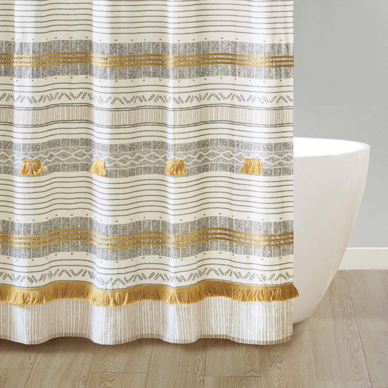 Gray and Yellow Cotton Striped Shower Curtain with Tassels