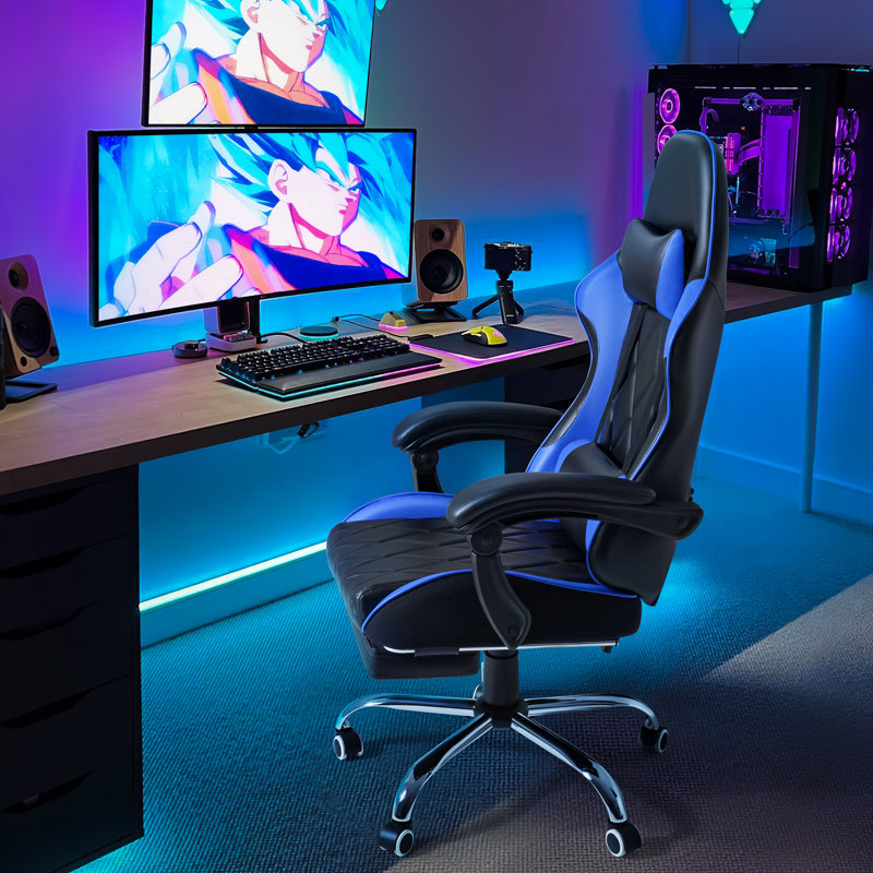 Fauteuil de jeu de course et de course inclinable, réglable et ergonomique en similicuir avec repose-pieds, Bleu