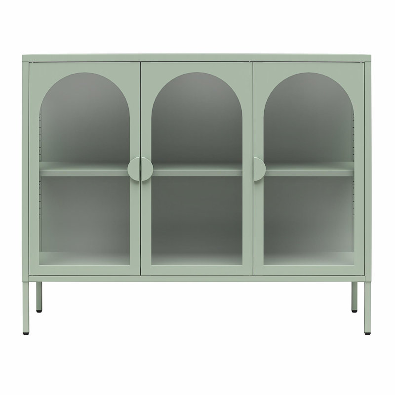 Pale Green Metal Accent Cabinet with Adjustable Shelving and Glass Doors