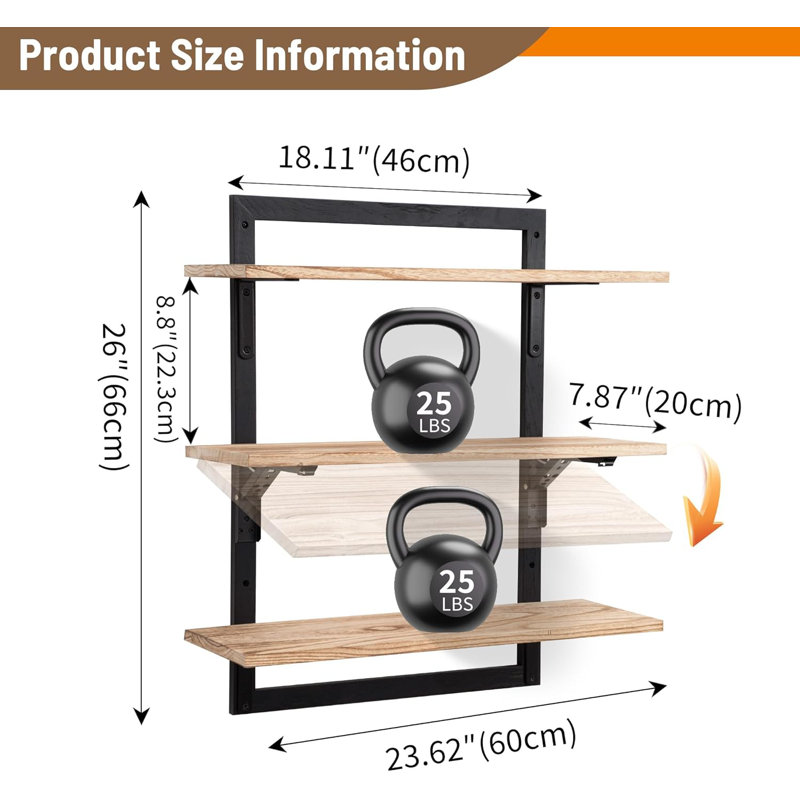 Tablettes flottantes de 23,6 pouces pour le mur, tablettes murales en bois à 3 niveaux avec supports pliables, rangement robuste pour la cuisine, le salon, la chambre à coucher et la salle de bain