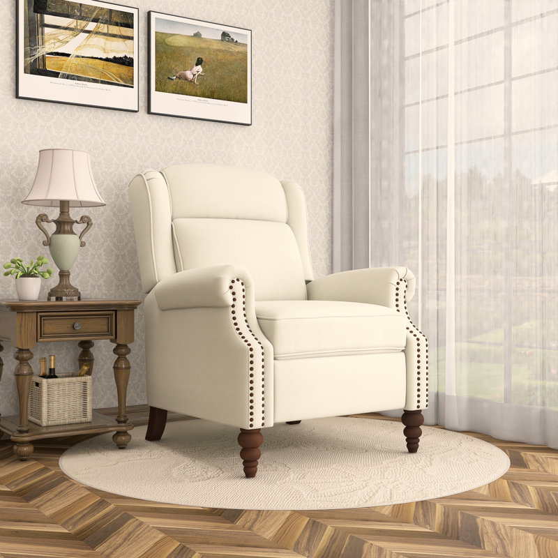 Fauteuil inclinable rembourré avec dossier à oreilles classique et pieds en bois massif en forme de gourde, Beige