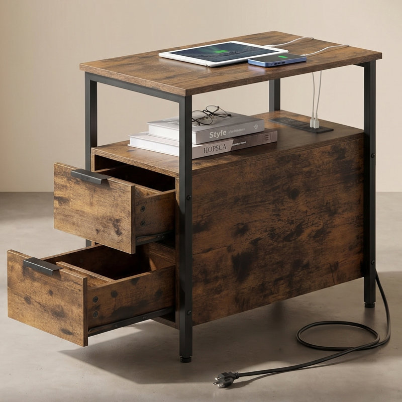 Slim Side End Table With Charging Station - Narrow Nightstand With 2 Drawers, Bedside Table For Living Room And Small Spaces, Rustic Brown And Ink Black